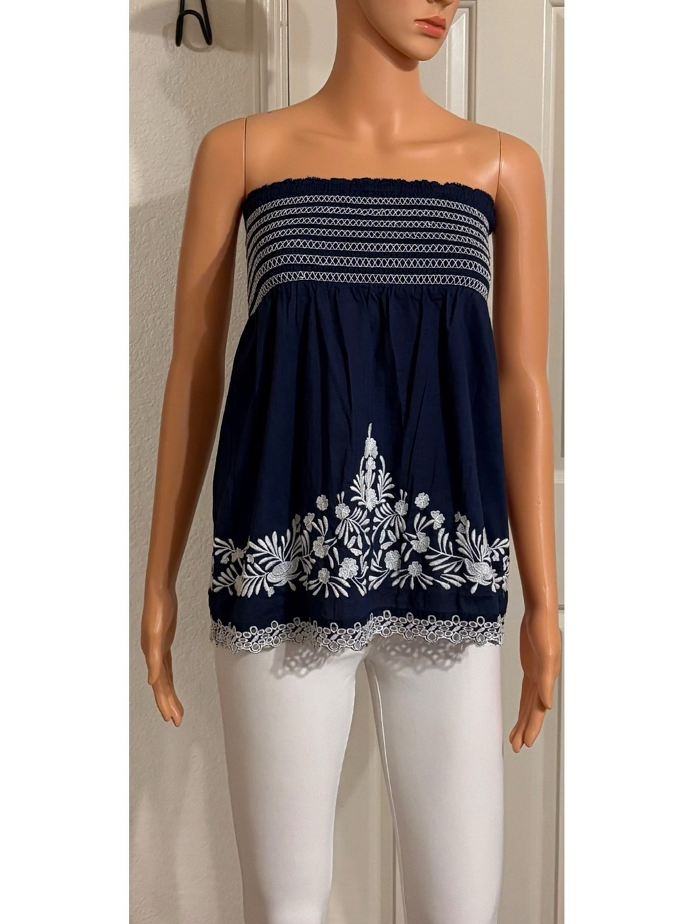 Guess Jeans Navy Strapless Embroidered Camisole with White Detailing